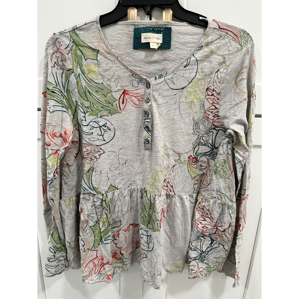 Meadow Rue Floral Print Peplum Top Long Sleeve Button Detail Size Small
